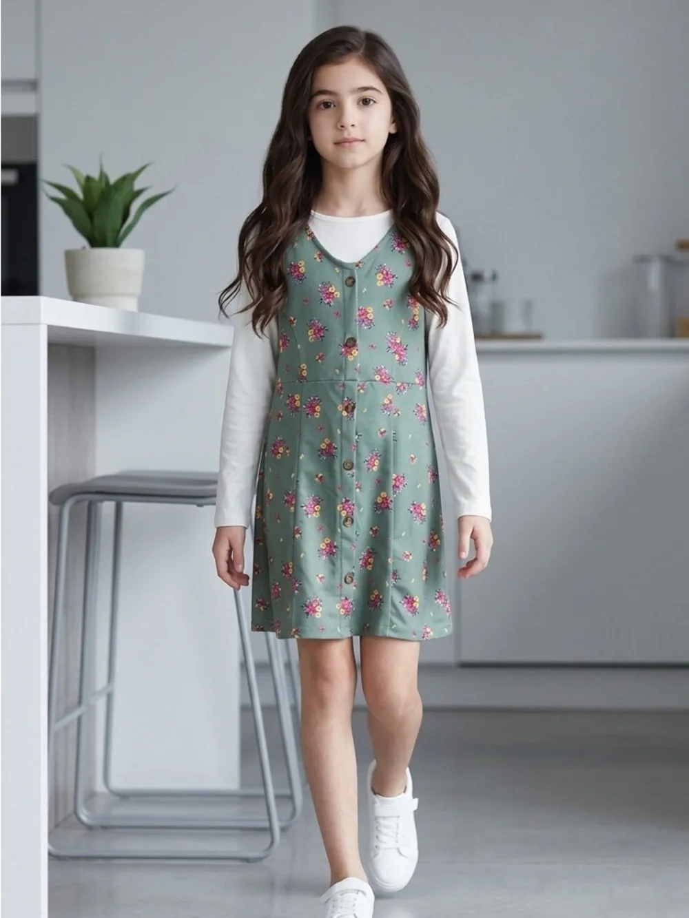 NWT Girls Green Floral Overall Dress Off White Long Sleeve Shirt - Size 12